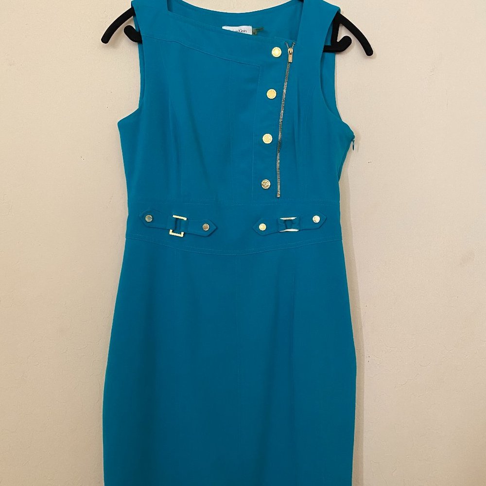 Calvin Klein Teal Sleeveless Dress with Signature Gold Hardware - Size 6